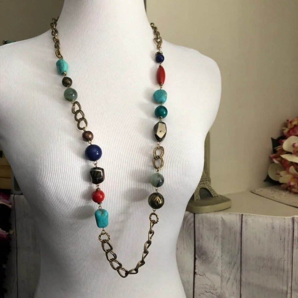 Colorful Long Beaded Necklace on a Gold Tone Chain
